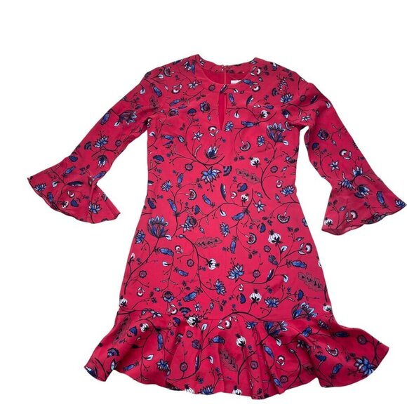 Shoshanna Dresses & Skirts - Shoshanna Red & Blue Floral Print Ruffle Bell Sleeve Silk Mini Dress SZ 2
